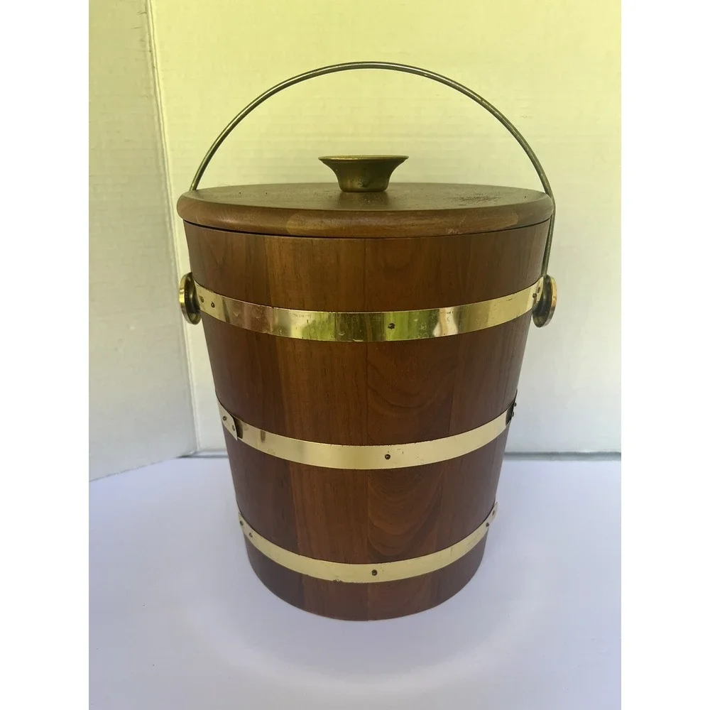 Ice Bucket Walnut Wood Vermillion Brass Vintage liner bucket‎  MCM